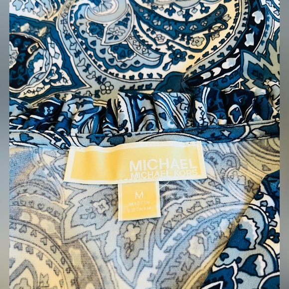 MICHAEL KORS Paisley Dress Floral V-Neck Ruffle Sleeveless Blue White - Picture 2 of 11